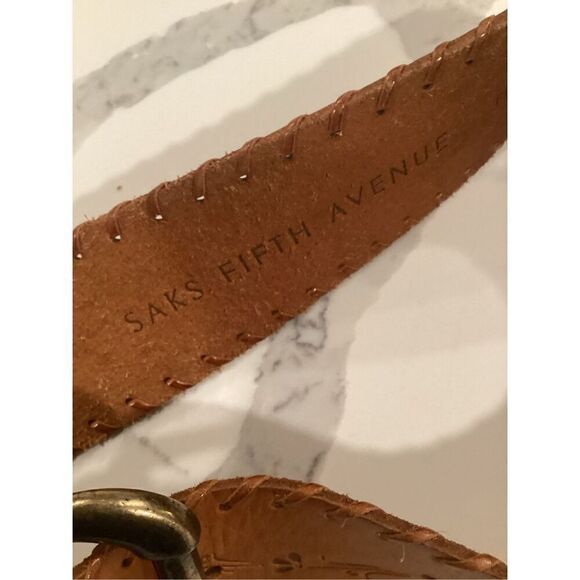 Sax Fifth Avenue Leather Brown Belt Sz S Braided Trim Embossed - Picture 4 of 8